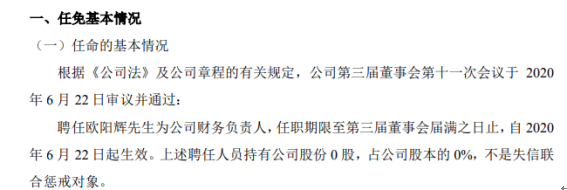 康达新能任命欧阳辉为财务负责人 不持有公司股份