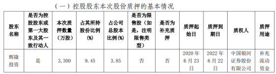 辉隆股份股东辉隆投资质押3300万股 用于补充流动资金