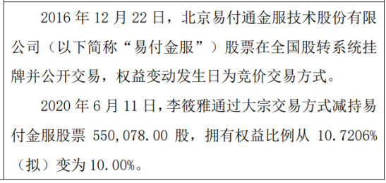 易付金服股东李筱雅减持55.01万股 权益变动后持股比例为10%