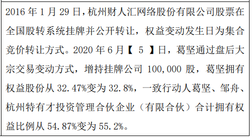 财人汇股东葛坚增持10万股 权益变动后持股比例为32.8%