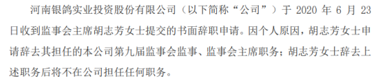 *ST银鸽监事会主席胡志芳辞职 因个人原因