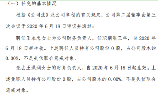 横竖生物财务负责人王洪润免职 王永忠接任