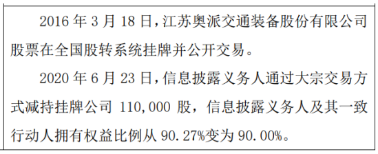 奥派装备股东高永年减持11万股 权益变动后持股比例为35.04%