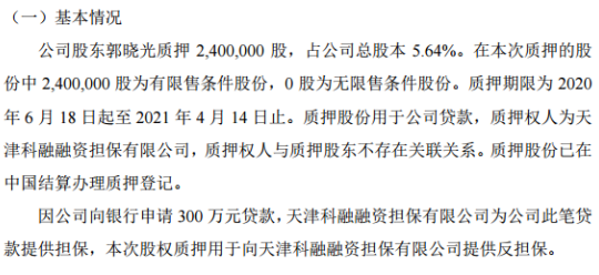 森罗股份控股股东郭晓光质押240万股 用于申请300万元贷款