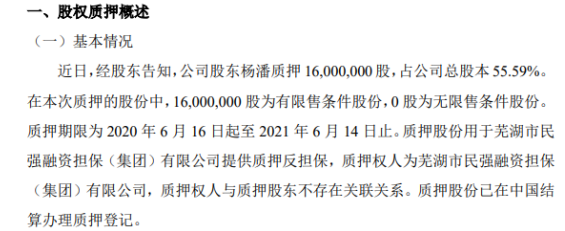 达尔智能股东杨潘质押1600万股 用于提供质押反担保