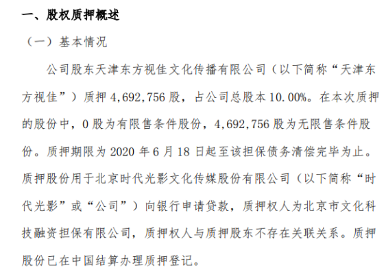 时代光影股东天津东方视佳质押469.28万股 用于公司向银行申请贷款