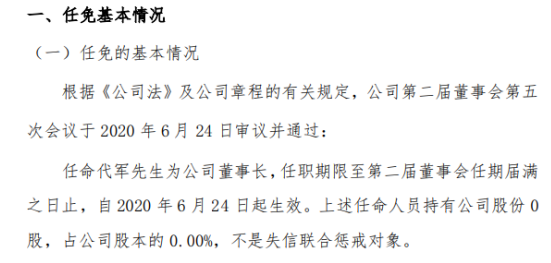 海宏股份任命代军为董事长 不持有公司股份