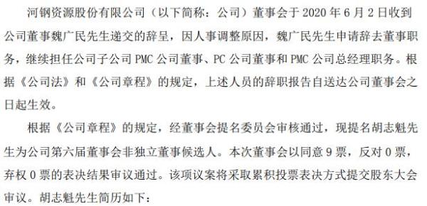 河钢资源魏广民辞去董事职务 仍在公司担任子公司PMC公司总经理