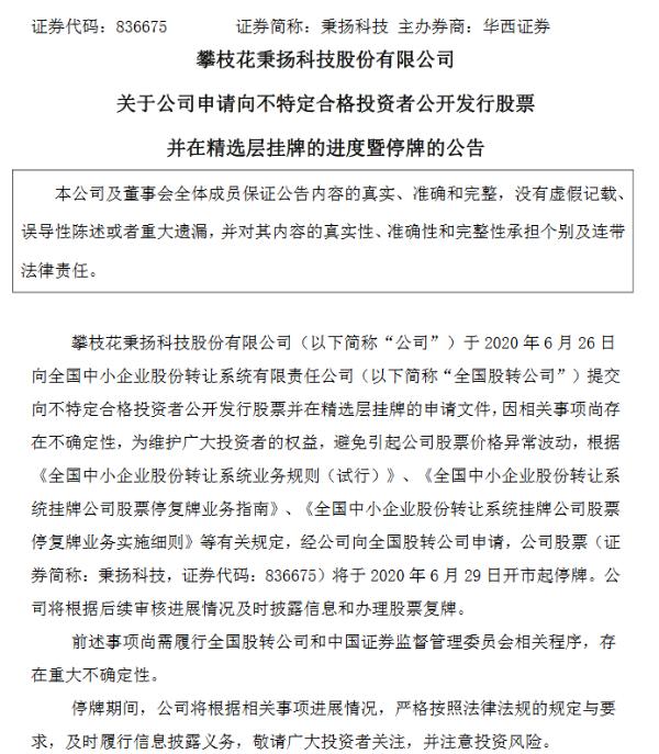 秉扬科技提交精选层申请文件 6月29日开市起停牌