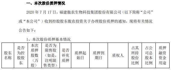 傲农生物实际控制人、控股股东合计质押1255万股 用于偿还债务