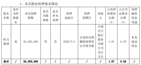 恒力石化股东恒力集团质押3500万股 用于补充流动资金