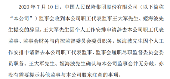 中国人保职工代表监事王大军、姬海波辞职 均因个人工作安排