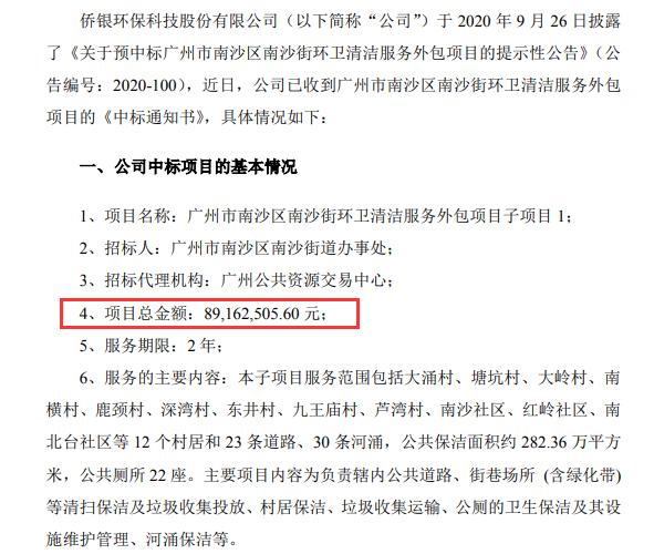 侨银环保收到中标通知书 项目总金额8916.25万元