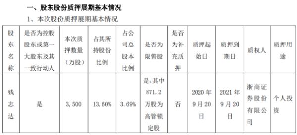 兄弟科技控股股东钱志达质押3500万股 用于个人投资