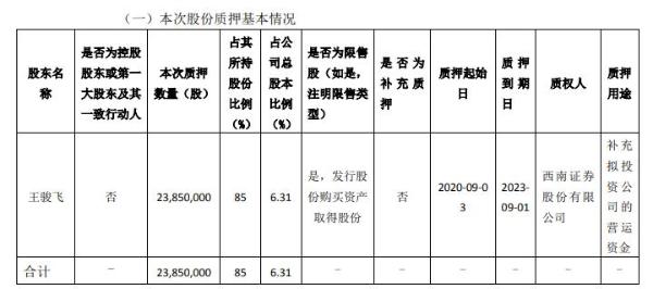 中泰股份股东王骏飞质押2385万股 用于补充拟投资营运资金