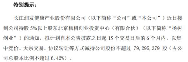 长江健康股东杨树创业拟减持股份 预计减持不超总股本6.42%