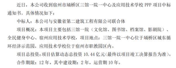 安徽建工工程项目中标 项目估算总投资10.44亿元