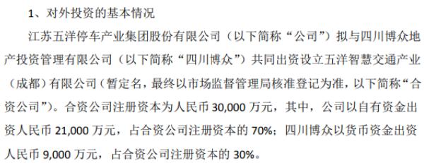 五洋停车拟与四川博众共同出资设立合资公司 注册资本为3亿元