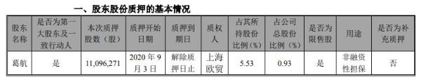 创业慧康控股股东葛航质押1109.63万股 用于非融资性担保