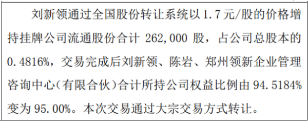 帝益肥股东刘新领增持26.2万股 权益变动后持股比例为75.3%