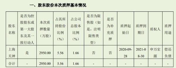 天顺风能控股股东上海天神质押2950万股 用于偿还负债