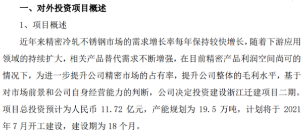 甬金股份投资建设浙江迁建项目二期 总投资额11.72亿元