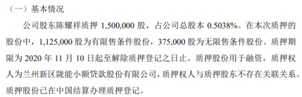 中天羊业股东陈耀祥质押150万股 用于融资