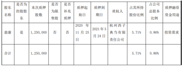 麦迪科技控股股东翁康质押125万股 用于投资需求