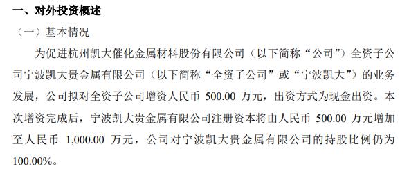 凯大催化拟对全资子公司宁波凯大增资500万元