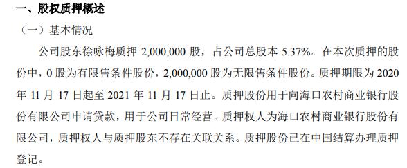 天地人股东徐咏梅质押200万股 用于日常经营
