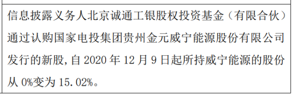 威宁能源股东增持4.84亿股 权益变动后持股比例为15.02%