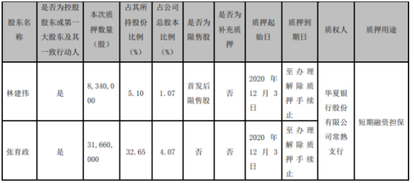 中来股份2名控股股东合计质押4000万股 用于短期融资担保