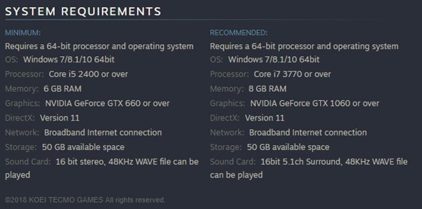《真三国无双8》PC配置需求公布：GTX 660+i5就能玩