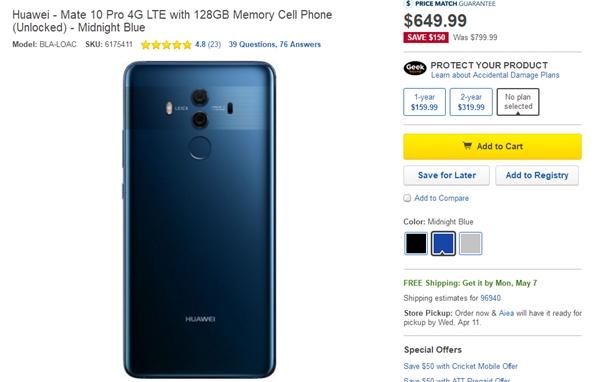 华为Mate 10 Pro美版突降1000元：6+128G仅4082元