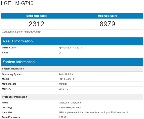 LG G7 ThinQ现身GeekBench:搭载骁龙845