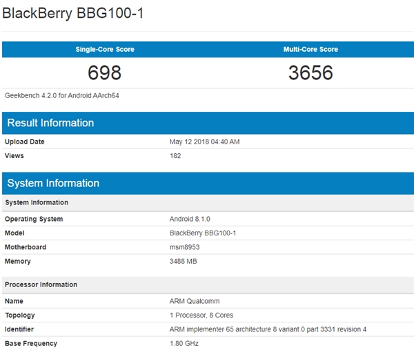 黑莓新机现身GeekBench：搭载骁龙450