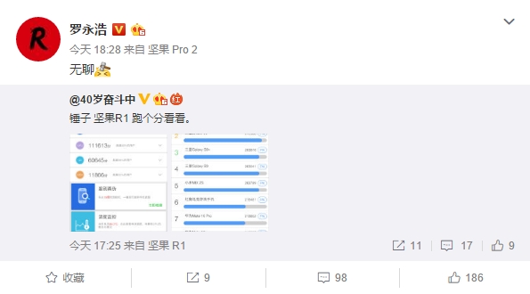 网友晒坚果R1安兔兔跑分 罗永浩回应