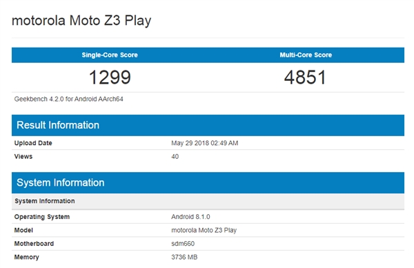 Moto Z3 Play现身GeekBench：搭载骁龙660
