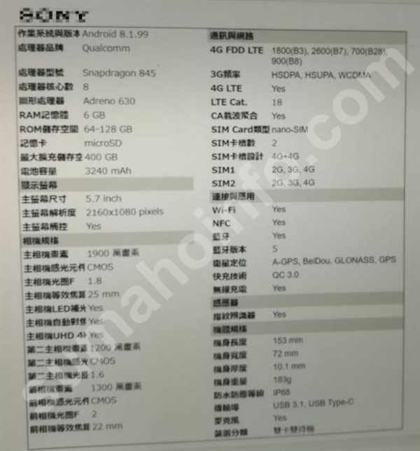 索尼Xperia XZ3曝光:配备双摄像头