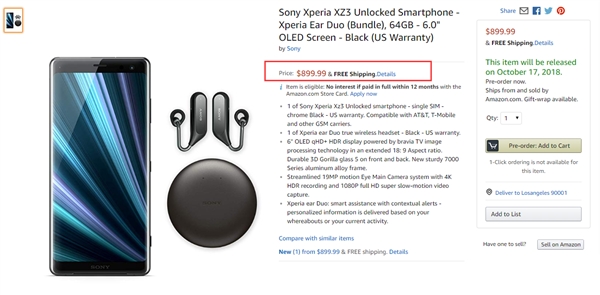 索尼Xperia XZ3美国开售：骁龙845+4G内存 6200元