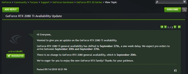 需求火爆？NVIDIA RTX 2080 Ti显卡将延期一周上市