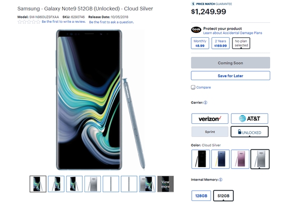 三星Galaxy Note 9银色版亮相：512G存储加持 8600元