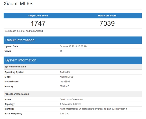 小米6S意外现身：骁龙835+6GB内存、安卓9.0