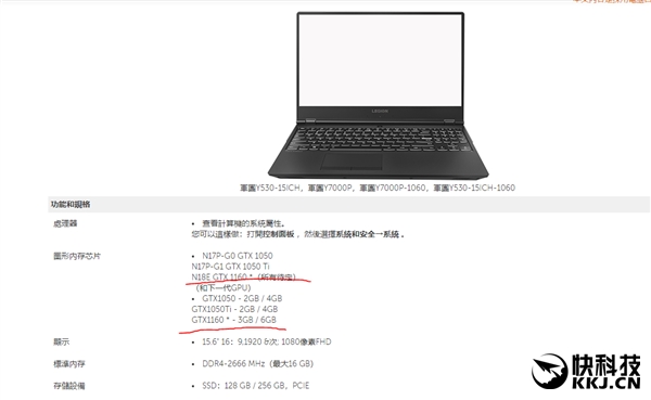 联想笔记本出现GTX 1160配置选项：最高6GB显存