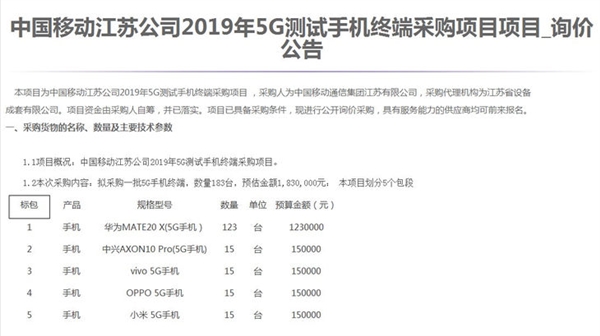 江苏移动集采5G测试手机：每部价格1万元