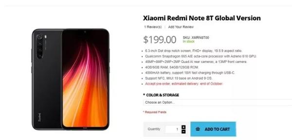 Redmi Note 8T价格曝光:约人民币1405元