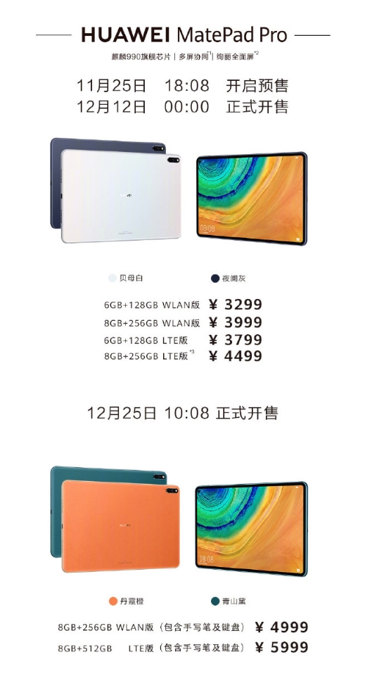 麒麟990、全球最高屏占比！华为MatePad Pro售价公布：3299元起