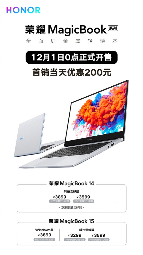 锐龙5加持 荣耀MagicBook 15今晚首销 最低3099元