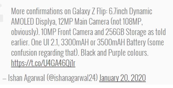 三星Galaxy Z Flip将搭载1200万像素主摄，并非10800万