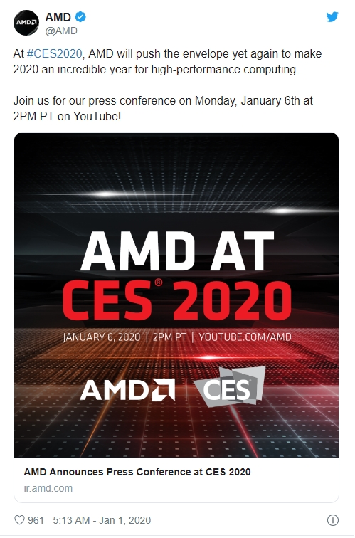 AMD预告CES 2020展前发布会：CEO苏姿丰主讲、推动高性能计算进程
